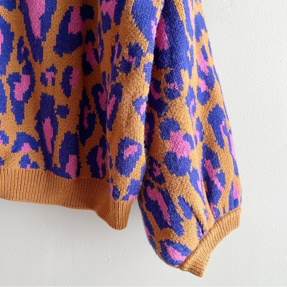 *SOLD* Farm Rio Leopard Pop Caramel Sweater Balloon Sleeves Wool Blend, Medium - Picture 6 of 15